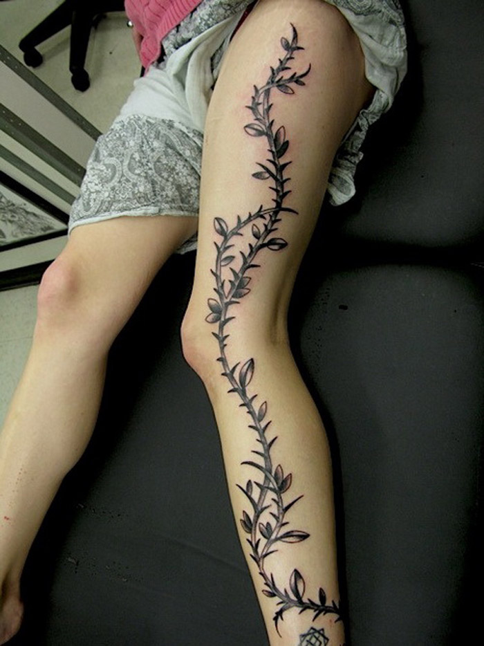 Black Ink Wine Tattoo On Girl Full Leg