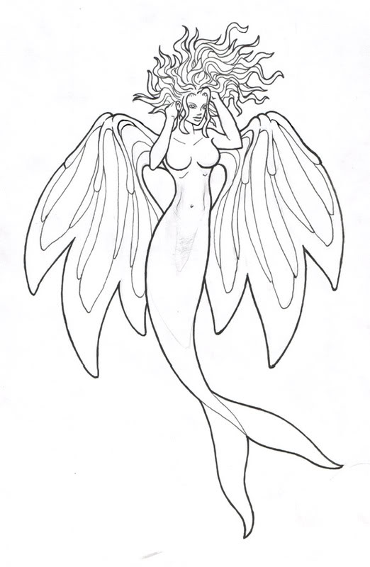 Black Mermaid With Wings Tattoo Stencil