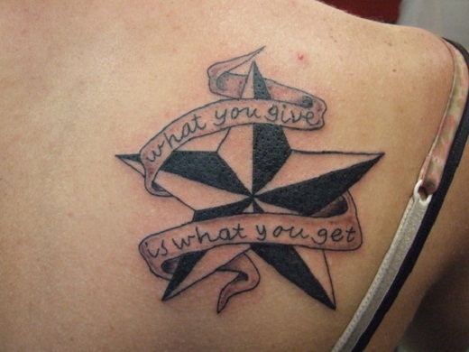 Black Nautical Star With Banner Tattoo On Right Back Shoulder