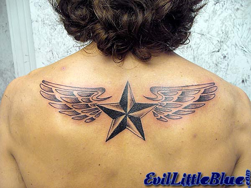 Black Nautical Star With Wings Tattoo On Upper Back