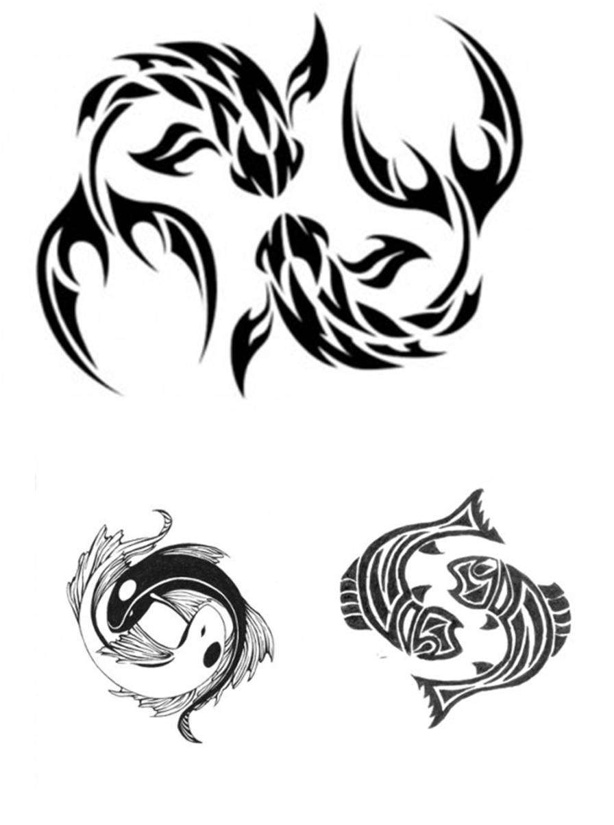 Black Three Tribal Pisces Tattoo Design