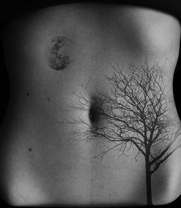 Black Tree Without Leaves With Moon Tattoo On Stomach