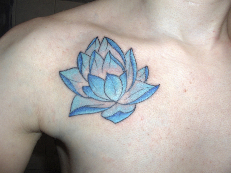 Blue 3D Lotus Tattoo On Girl Collarbone