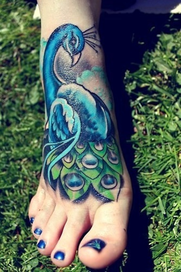 Blue Peacock Tattoo On Girl Foot