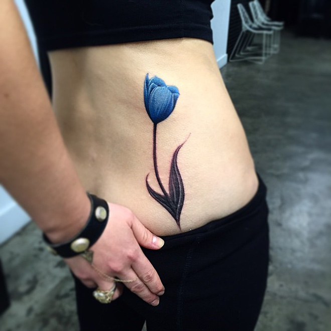 Blue Tulip Flower Tattoo Design For Side Rib
