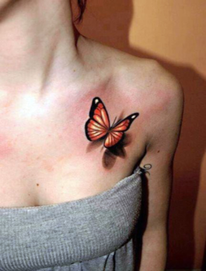 Colorful 3D Butterfly Tattoo On Girl Collarbone
