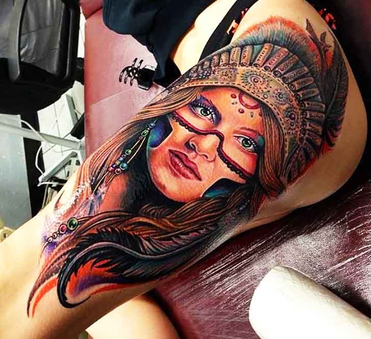 Colorful 3D Indian Girl Face Tattoo On Man Left Shoulder