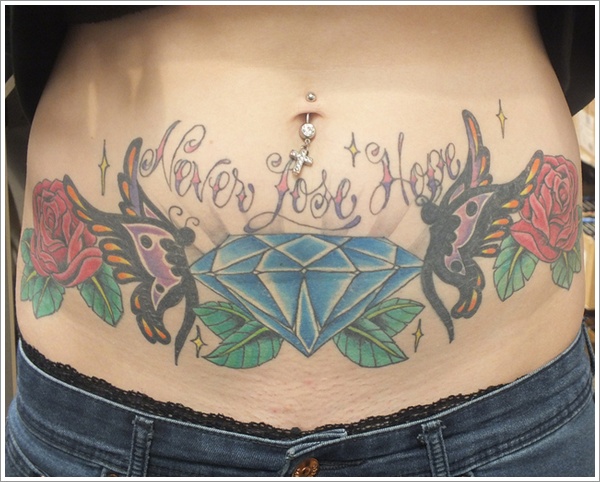 Colorful Diamond With Butterflies And Two Red Roses Tattoo On Stomach