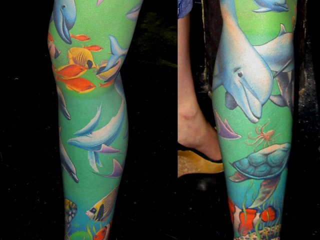 Colorful Fishes In Ocean Tattoo On Full Leg
