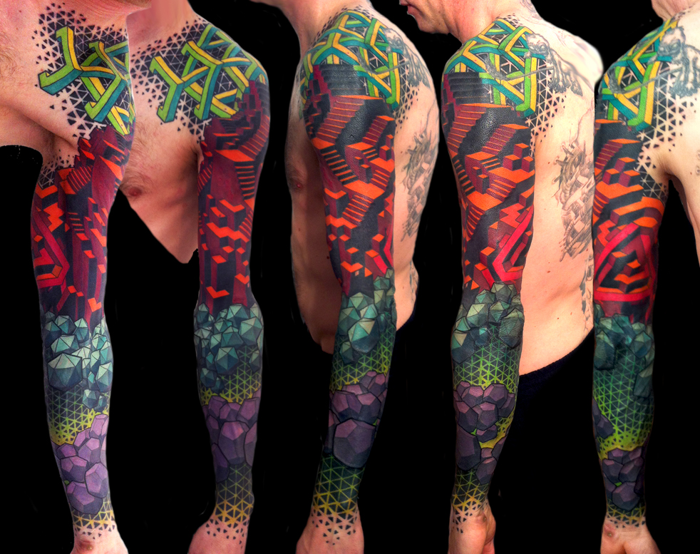 Colorful Geometric Design Tattoo On Full Sleeve