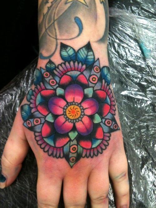 Colorful Geometric Flower Tattoo On Hand