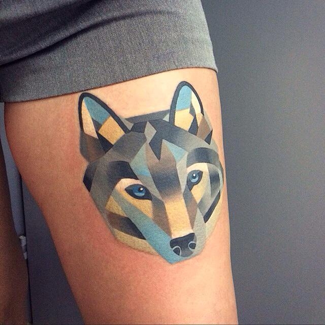 Colorful Geometric Fox Head Tattoo On Thigh By Sasha Unisex