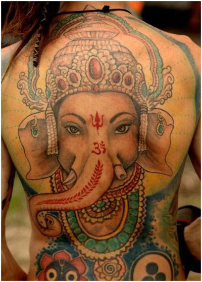 Colorful Indian Lord Ganesha Tattoo On Girl Full Back
