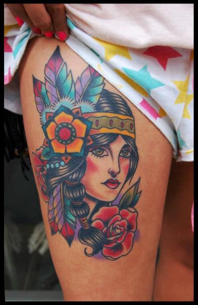 Colorful Indian Native Girl Face Tattoo On Thigh