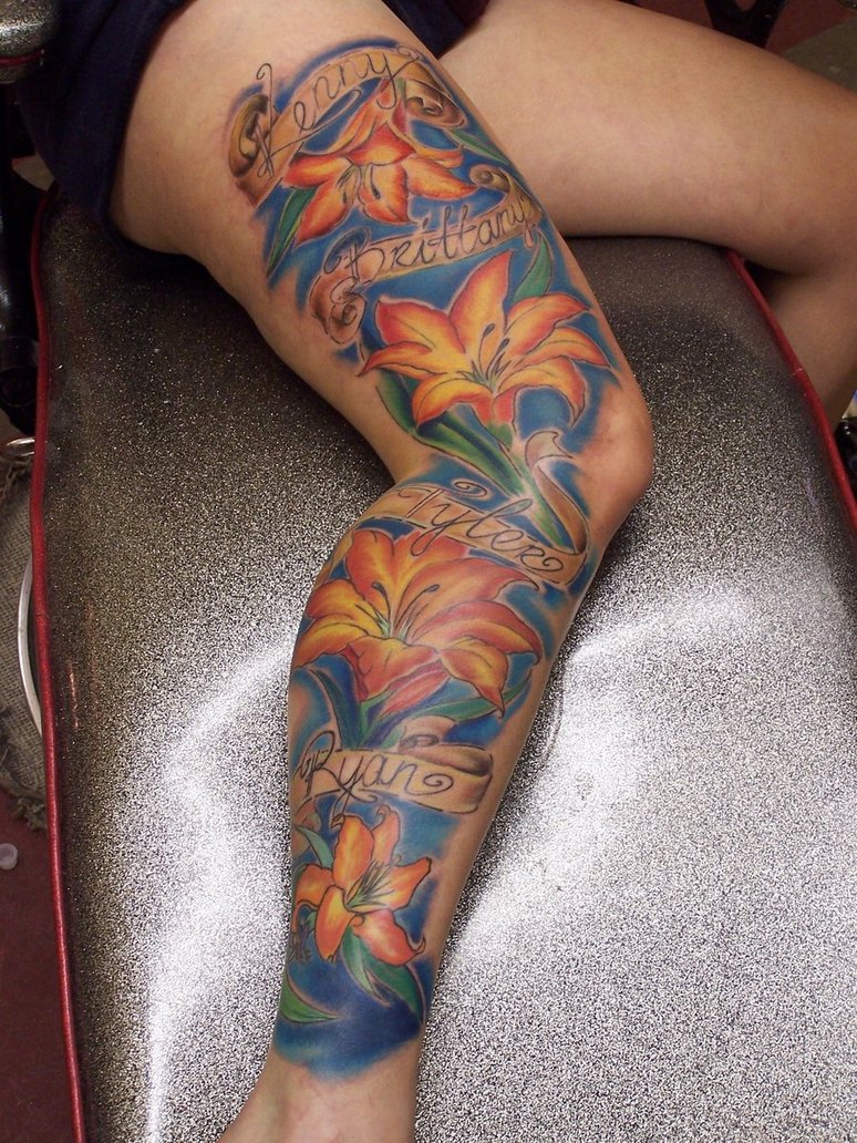 Colorful Lily Flowers With Banner Tattoo On Full Leg