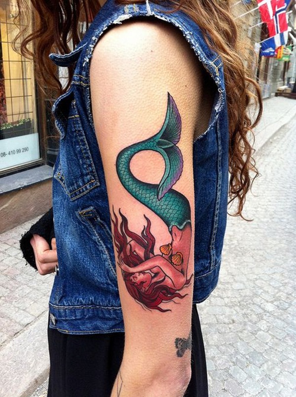 Colorful Mermaid Tattoo On Girl Left Half Sleeve