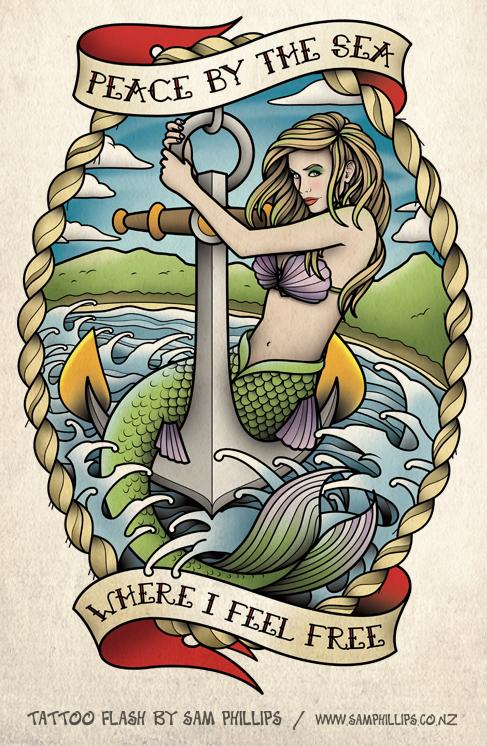 Colorful Mermaid With Anchor In Frame With Banner Tattoo Design