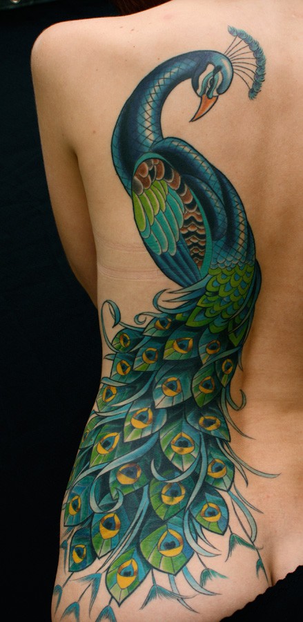 Colorful Peacock Tattoo On Girl Full Back By Mark Heggie