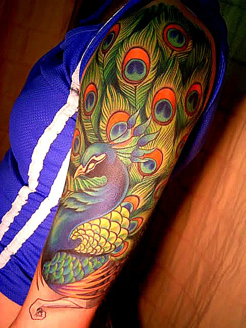 Colorful Peacock Tattoo On Left Half Sleeve