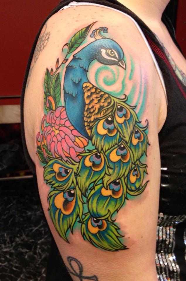 Colorful Peacock Tattoo On Right Shoulder