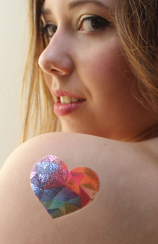 Colorful Prism Heart Tattoo On Girl Left Back Shoulder