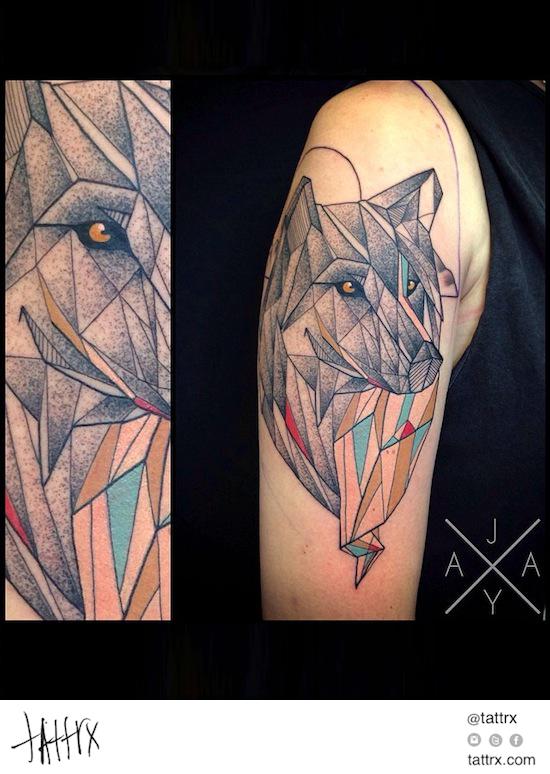 Colorful Prism Wolf Head Tattoo On Shoulder