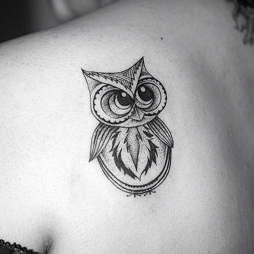 Cute Dotwork Owl Tattoo On Left Back Shoulder