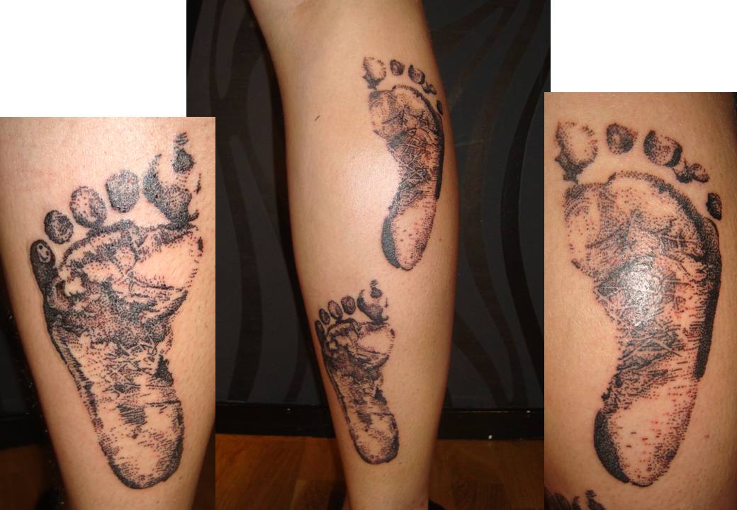 Dotwork Foot Print Tattoo On Leg Calf