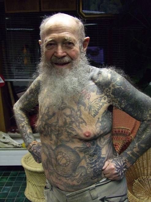 Funny Old Man With Tattoo Body