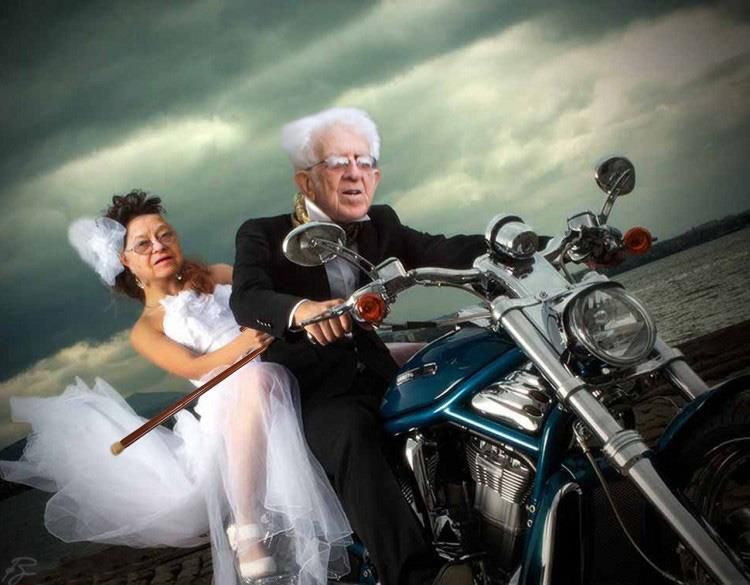 Funny Old Wedding Couple On Bike.