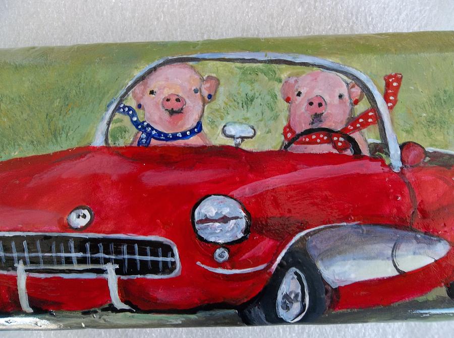 Funny Pigs In A Car Painting
