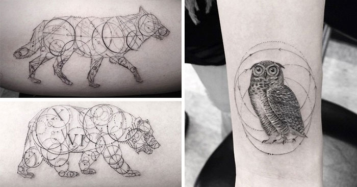Geometric Bear, Wolf And Owl Tattoo Design