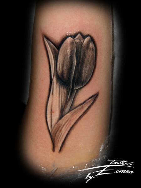 Grey Ink 3D Tulip Flower Tattoo Design For Forearm