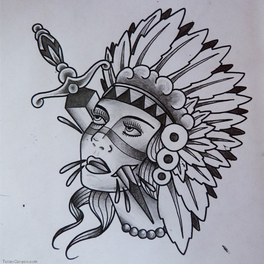 Grey Ink Dagger In Indian Native Girl Face Tattoo Design