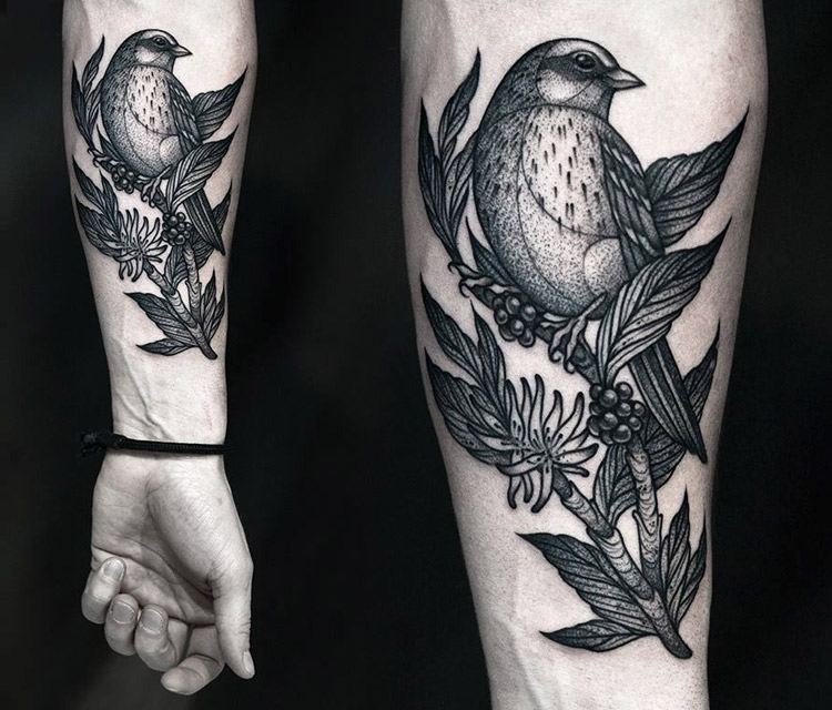 Grey Ink Dotwork Bird Sit On BranchTattoo On Forearm By Kamil Czapiga