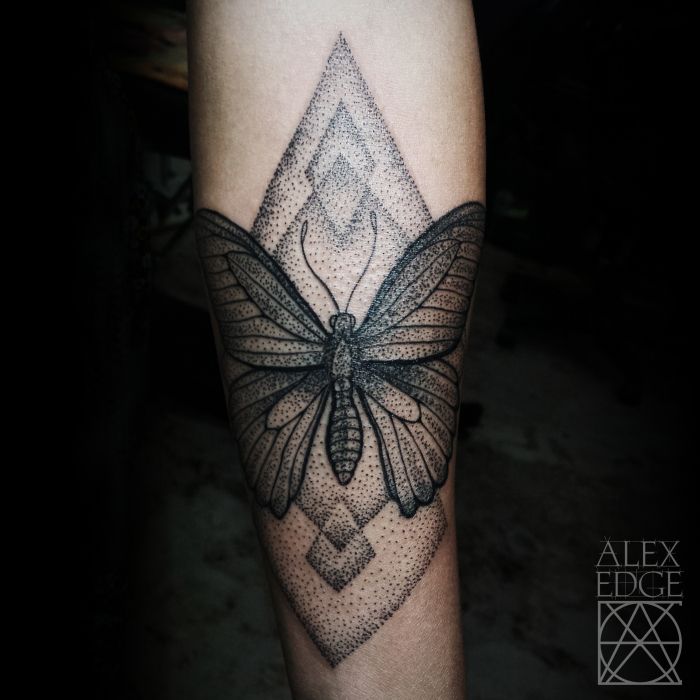 Grey Ink Dotwork Butterfly Tattoo On Forearm