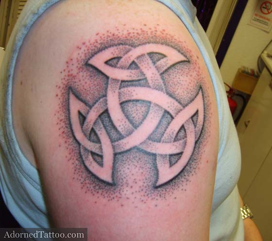 Grey Ink Dotwork Celtic Symbol Tattoo On Shoulder