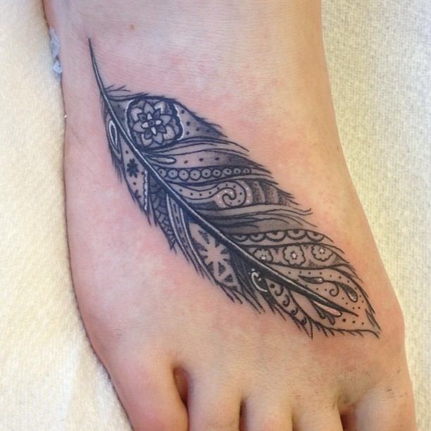 Grey Ink Dotwork Feather Tattoo On Foot