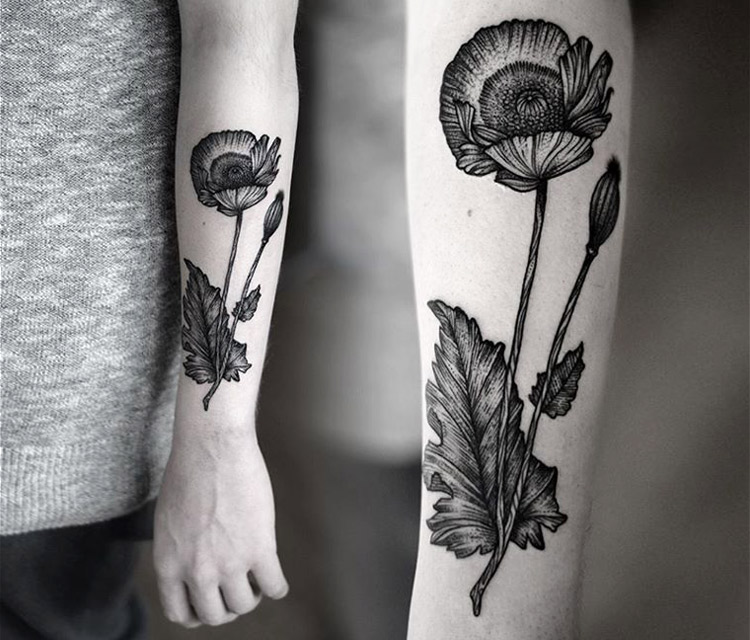 Grey Ink Dotwork Flower Tattoo On Forearm