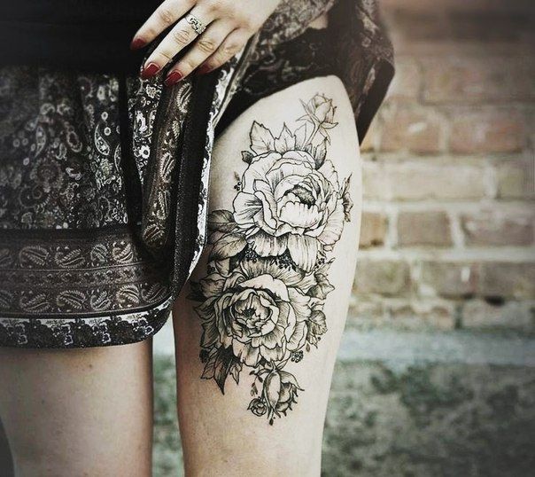 Grey Ink Dotwork Flowers Tattoo On Girl Thigh