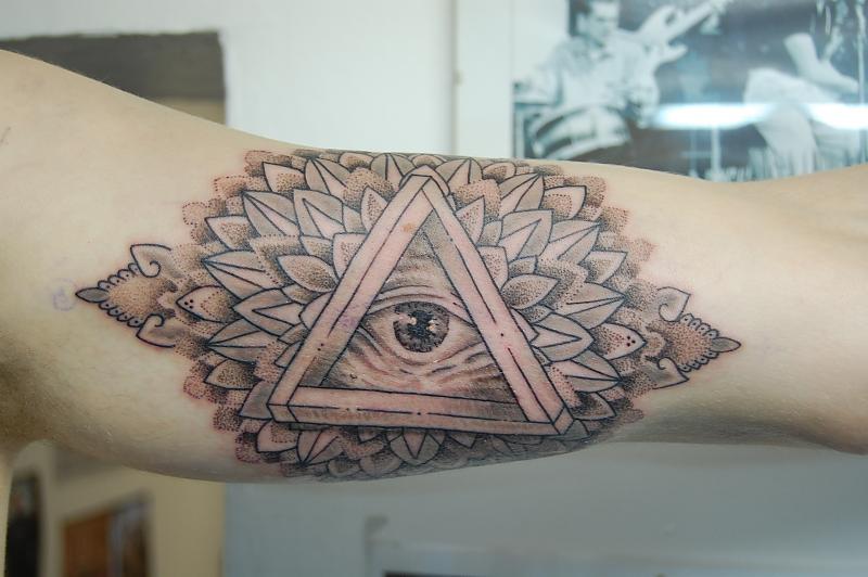 Grey Ink Dotwork Illuminati Eye Tattoo On Half Sleeve