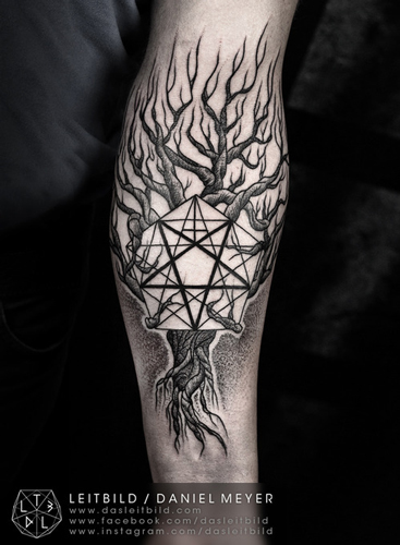 Grey Ink Dotwork Tree Without Leaves Tattoo Design