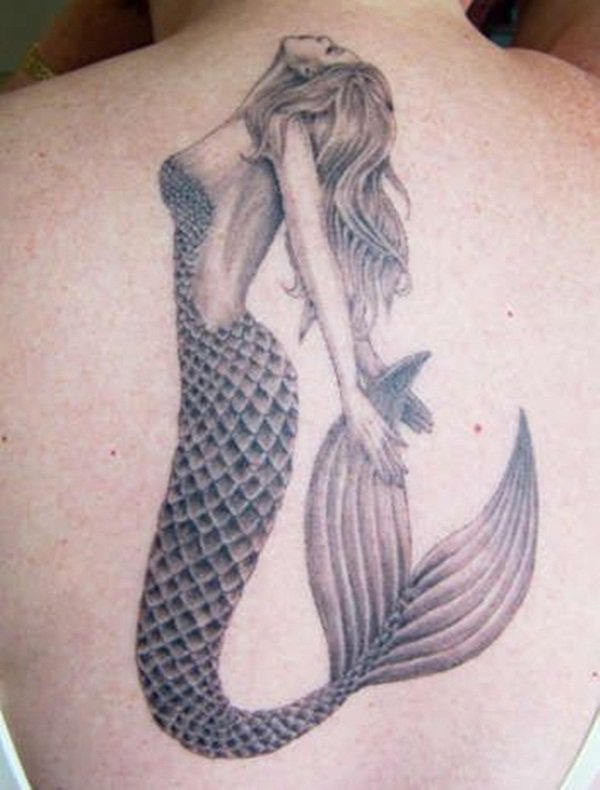 Grey Ink Mermaid Tattoo On Man Upper Back