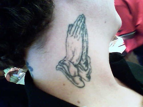 Grey Ink Praying Hands Tattoo On Side Neck