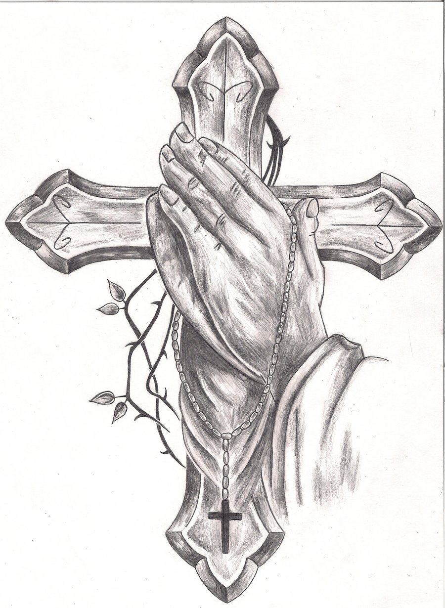 Grey Ink Praying Hands With Cross Tattoo Design