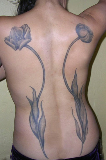 Grey Ink Two Tulip Flowers Tattoo On Full Back