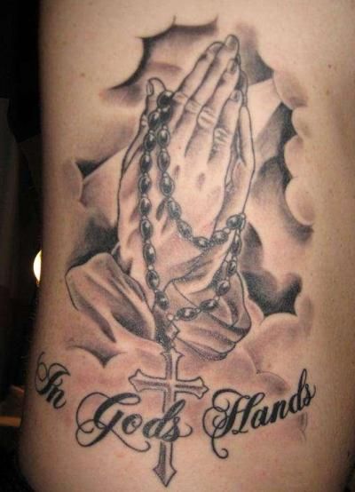 In Gods Hands - Black And Grey Rosary Cross In Praying Hands Tattoo Design