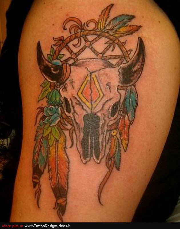 Indian Bull Skull Tattoo On Shoulder