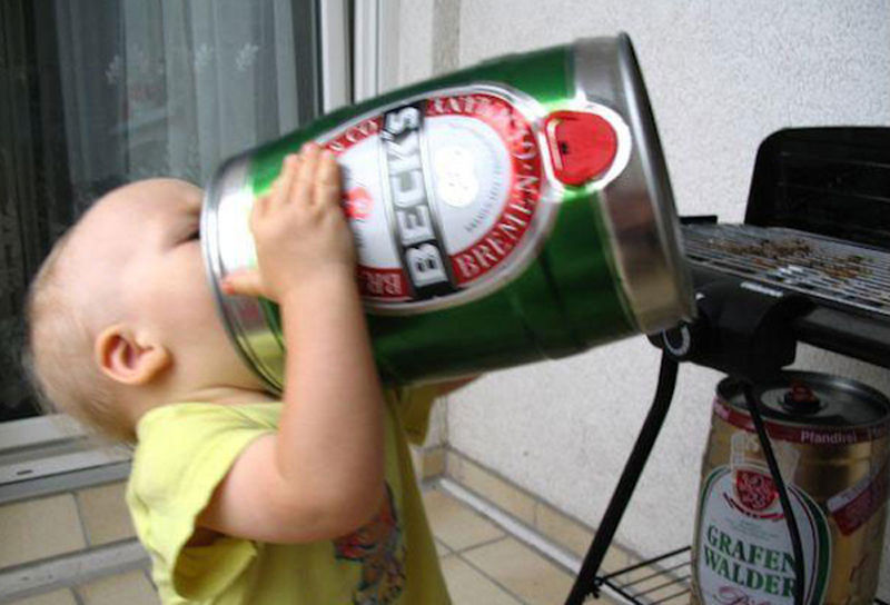 Little Kid Drinking Beer With Big Can Funny Picture