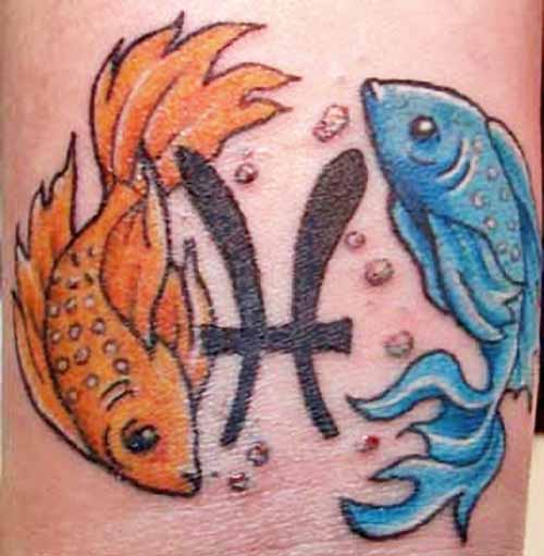 Orange And Blue Pisces Tattoo Design